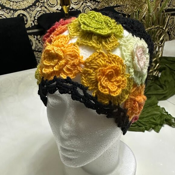 Handmade Crochet Flower Beanie – Colorful Boho Knit Hat, Retro 70s Style - Picture 3 of 8